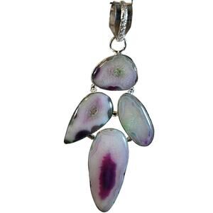 Handmade Silver Pendant – Purple Solar Quartz Slice + 20" Silver Snake Chain